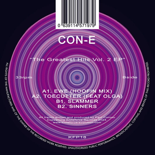 cover art of Con-E - The Greatest Hits Vol. 2 EP - 12" vinyl release on Kniteforce Prime 
