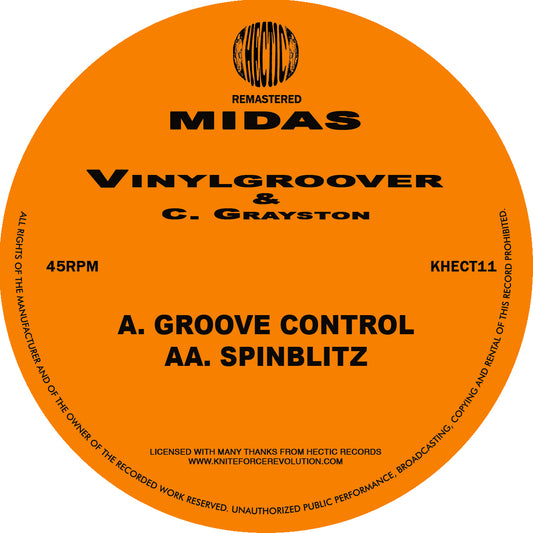 Orange vinyl record label with black text featuring 'Midas' and 'Vinylgroover & C. Grayston'.