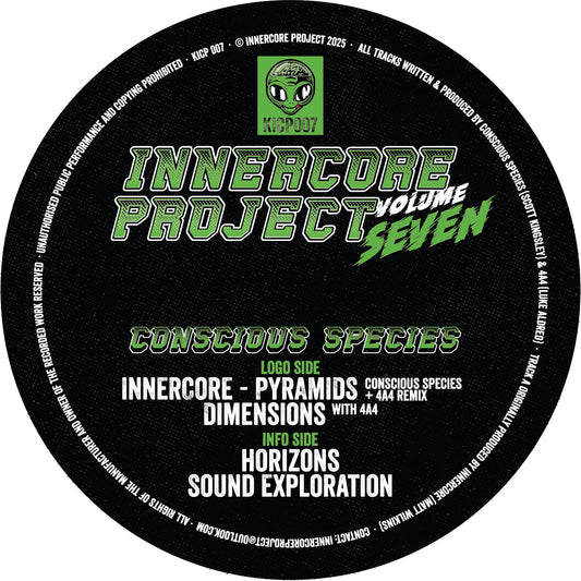 Vinyl record label for 'Innercore Project Volume Seven' with green and white text on a black background.
