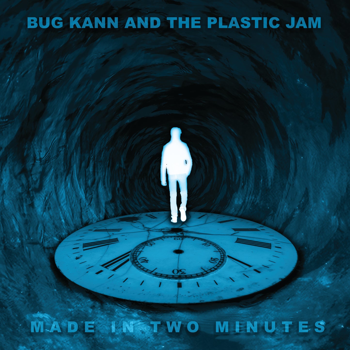 Album cover with a person standing on a clock face in a tunnel, featuring the text 'Bug Kann and the Plastic Jam' and 'Made in Two Minutes'.