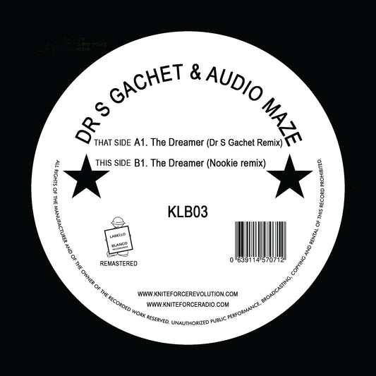 Label art of Dr S Gachet & Audio Maze - The Dreamer Remixes EP, 12-inch black vinyl release on Labello Blanco