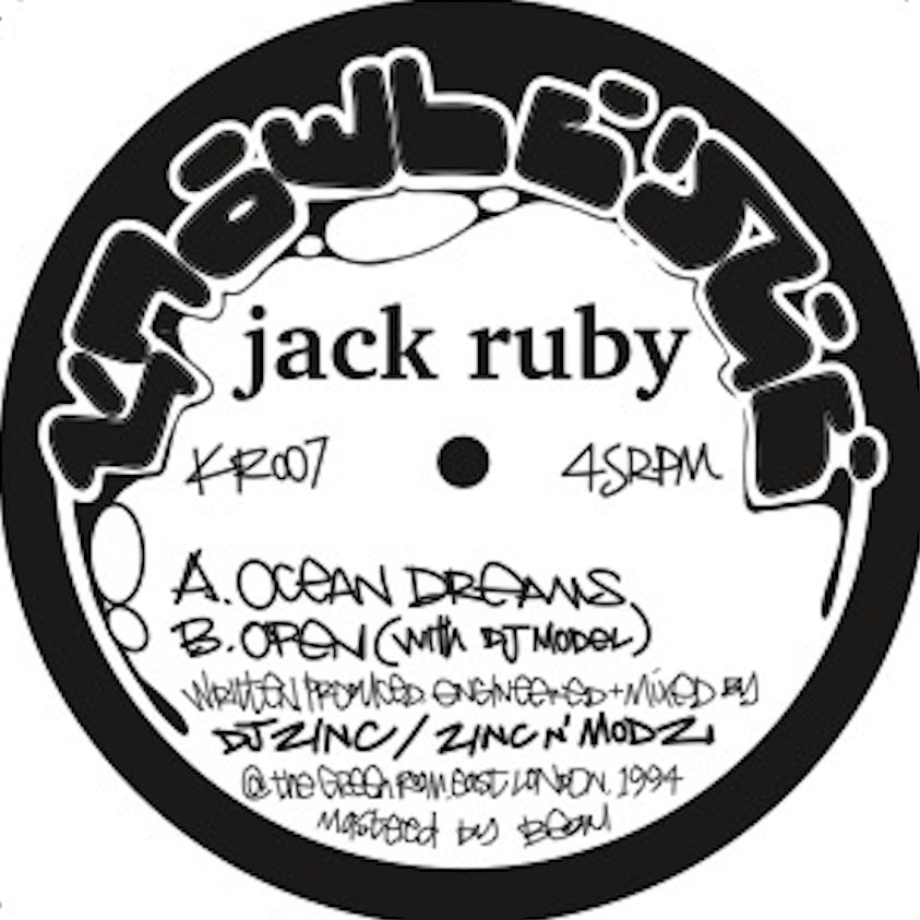 Label Art of Jack Ruby - Ocean Dreams / Open, 12-inch black vinyl release on Knowledge Records