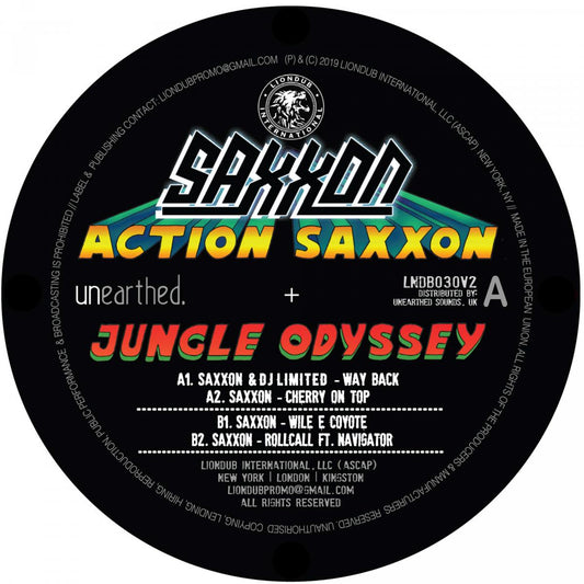 Label Art of Saxxon – Action Saxxon - Jungle Odyssey EP 2, limited edition 12" black vinyl released on LionDub International