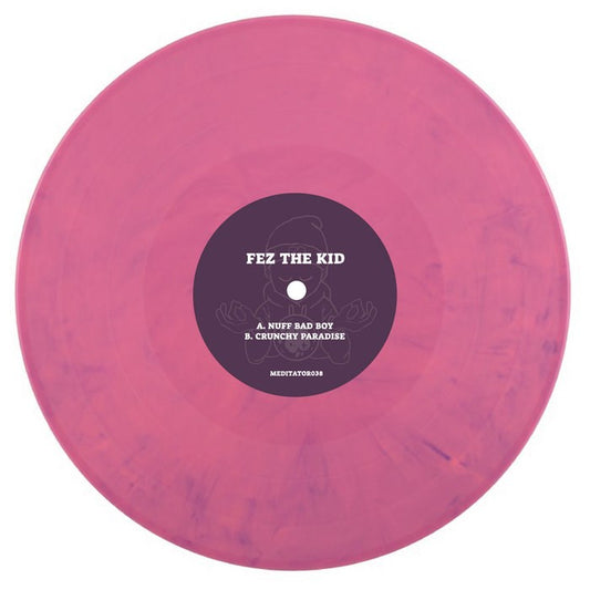 Pink vinyl record with a black label featuring 'Fez the Kid' on a white background