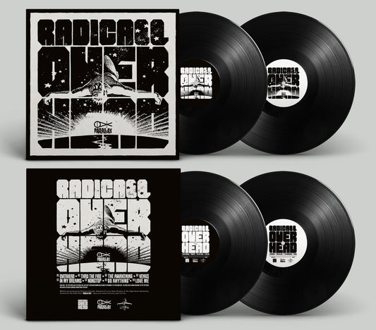 Vinyl records with black and white cover design on a gray background