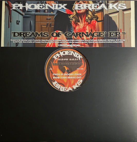 Vinyl record with a label featuring text and graphics on a black background