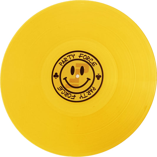 Yellow vinyl record with 'Party Force' logo on a white background