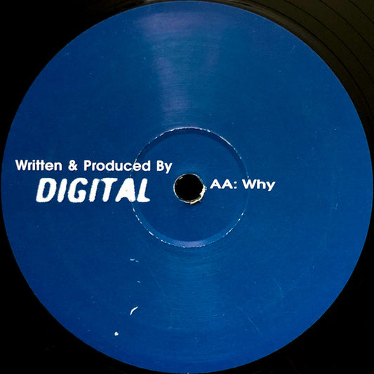 Blue vinyl record label with text 'Written & Produced By DIGITAL' and 'AA: Why'.