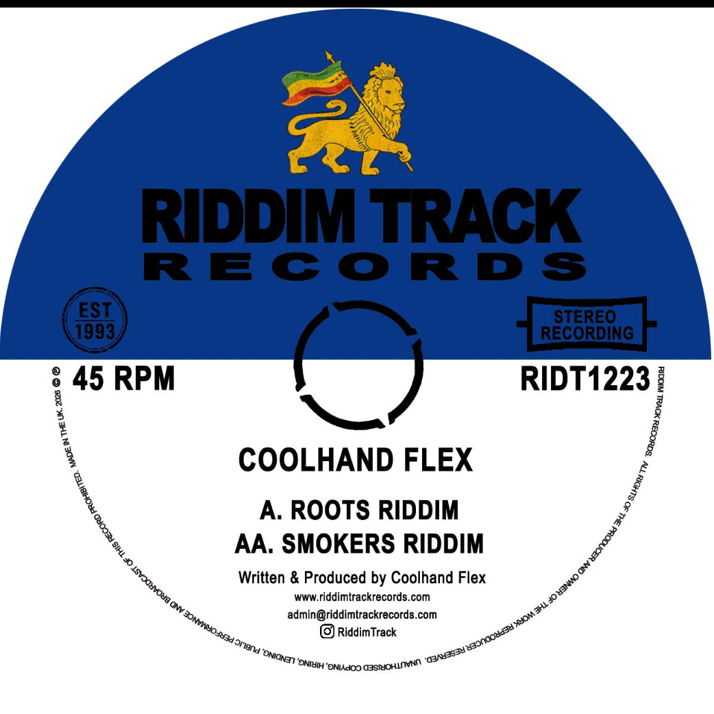 A vinyl record label design for Riddim Track Records, featuring a blue semicircle at the top with a gold lion logo and black text, and a white lower section with track details for 'Coolhand Flex'.