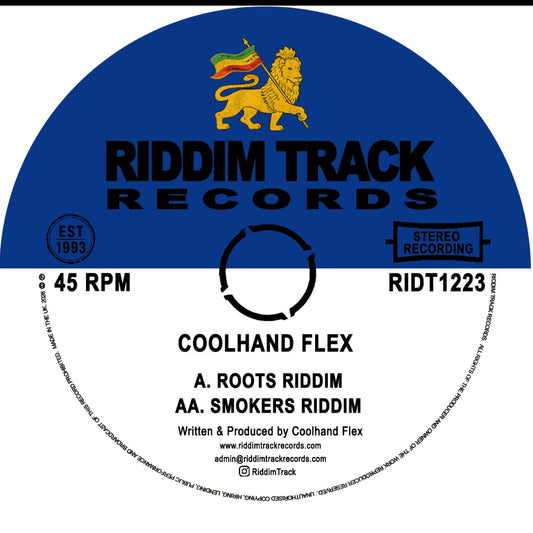 A vinyl record label design for Riddim Track Records, featuring a blue semicircle at the top with a gold lion logo and black text, and a white lower section with track details for 'Coolhand Flex'.
