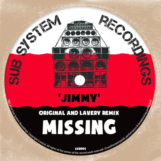 Label Art of Missing - Jimmy, limited edition 10" black vinyl released on Sub System Recordings