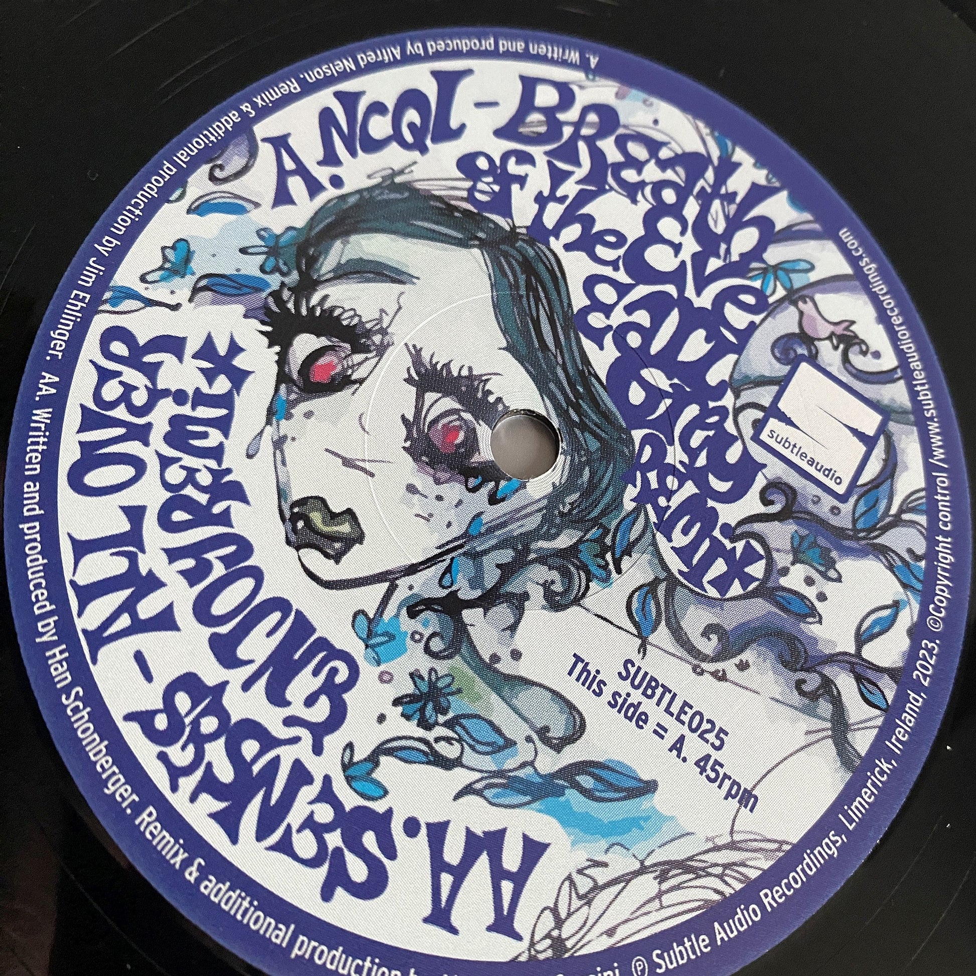 Vinyl record label with artistic design and text