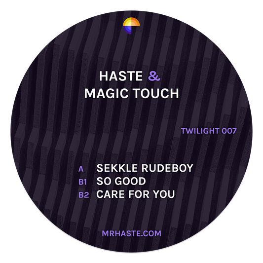 Vinyl record label with text 'HASTE & MAGIC TOUCH' and tracklist on a dark background