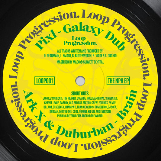 Vinyl record label with yellow background and green text