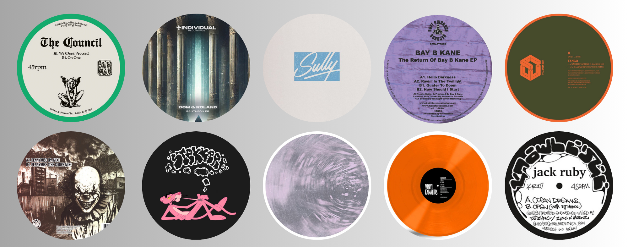 Collage of labels and sleeves of upcoming releases on Kniteforce Records, Creative Wax, Future retro London and others