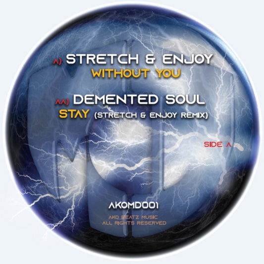 Vinyl record with lightning design and text on a white background