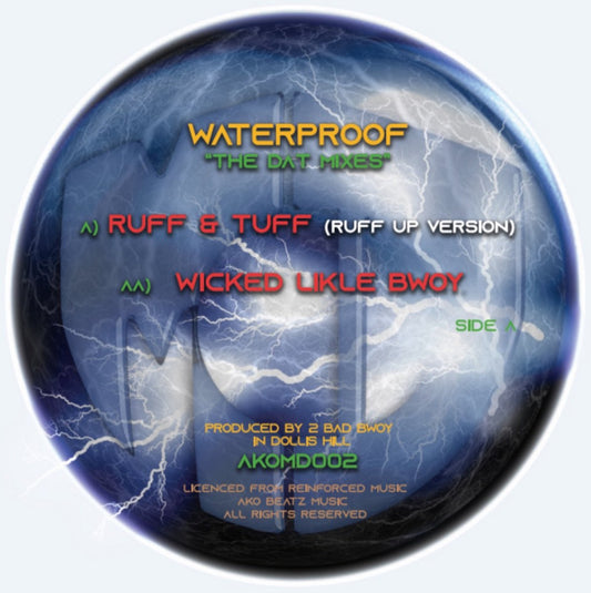 Vinyl record with text and lightning design on a blue background