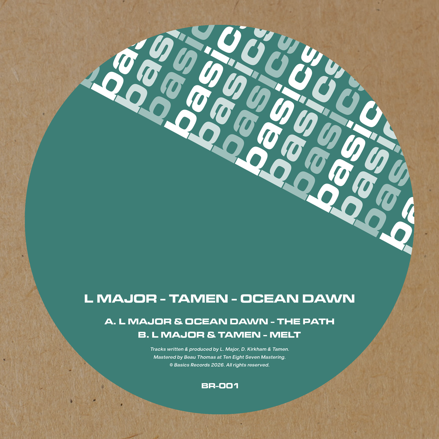 label art of L Major, Tamen & Ocean Dawn - The Path / Melt - 12" vinyl release on Basics Records