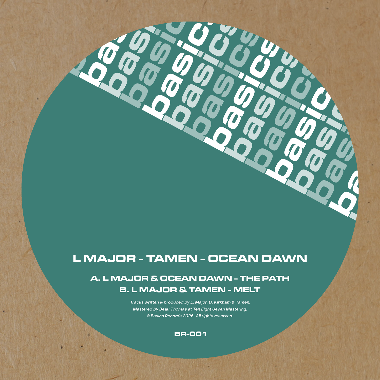 label art of L Major, Tamen & Ocean Dawn - The Path / Melt - 12" vinyl release on Basics Records