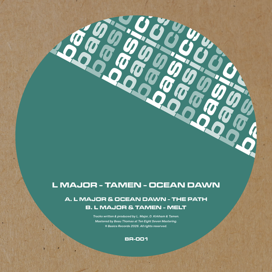 label art of L Major, Tamen & Ocean Dawn - The Path / Melt - 12" vinyl release on Basics Records