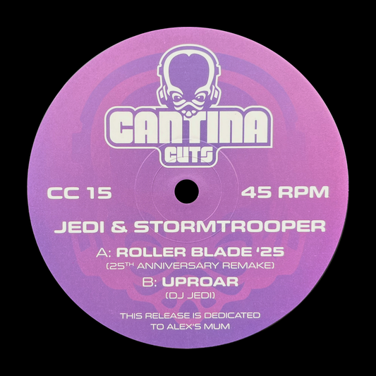 Purple record label with 'Cantina Cuts' branding and track information on a black background