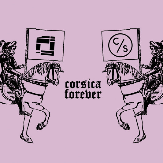 Two figures on horseback with signs displaying 'corsica forever' and a logo, on a pink background.