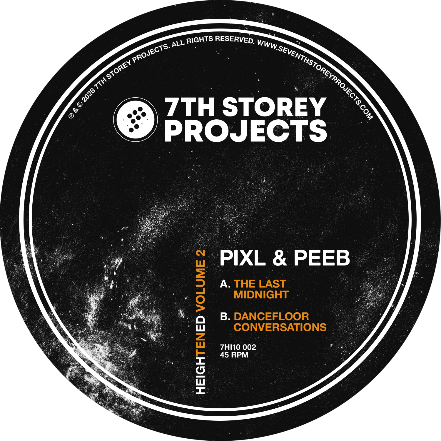 A circular black vinyl record cover with white and orange text, featuring the brand name '7th Storey Projects' and the artist names 'Pixl & Peeb'.