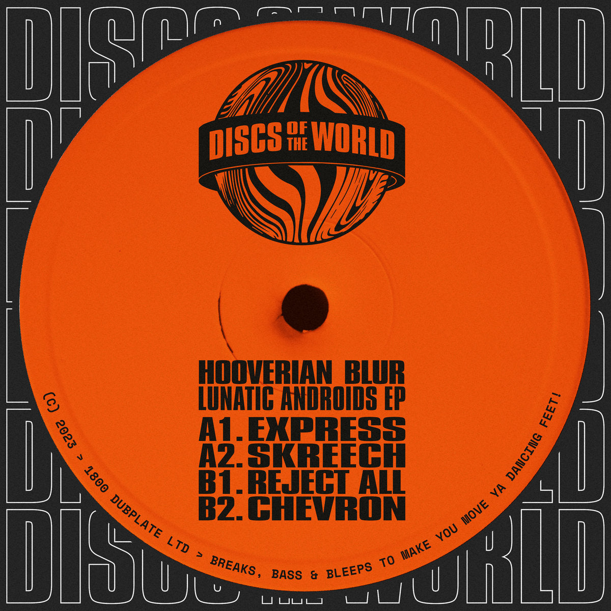 label art of Hooverian Blur - Lunatic Androids, 12" vinyl release on Discs Of The World
