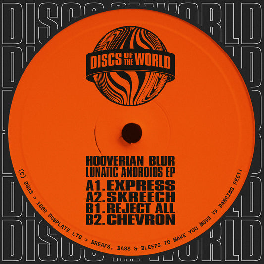 label art of Hooverian Blur - Lunatic Androids, 12" vinyl release on Discs Of The World