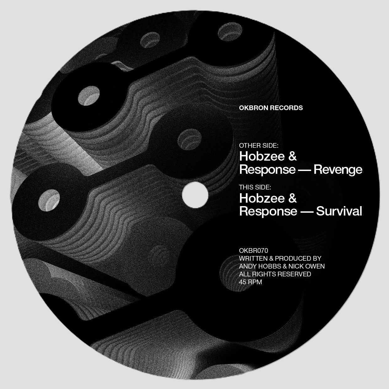 A circular vinyl record cover design in black, gray, and white, featuring abstract wavy chain-link graphics and white text reading 'OKBRON RECORDS' and track titles 'Hobzee & Response — Revenge' and 'Hobzee & Response — Survival'.
