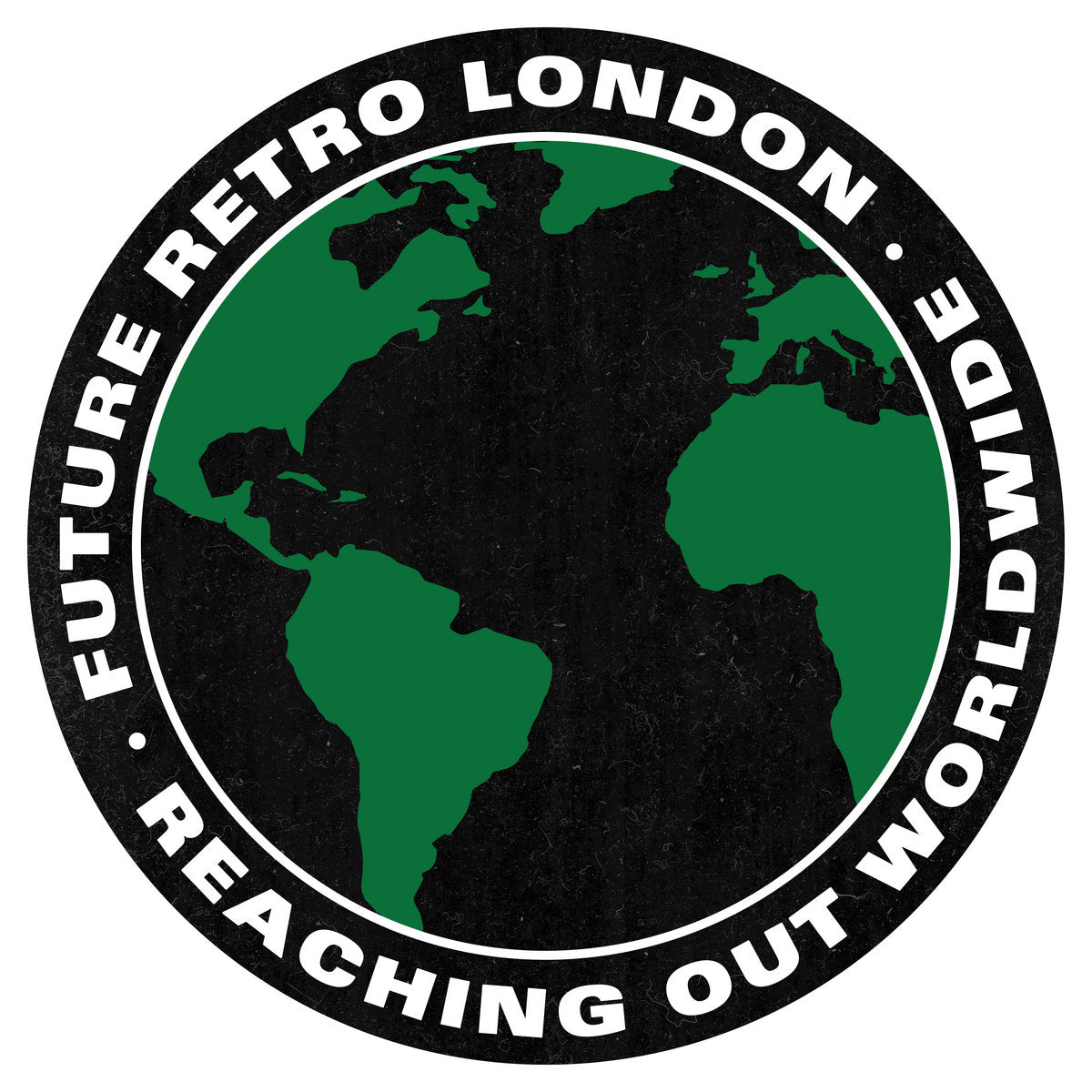 Circular logo with world map silhouette and text 'Future Retro London Reaching Out Worldwide' on a white background