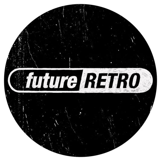 Round black sticker with 'future RETRO' text on a white background
