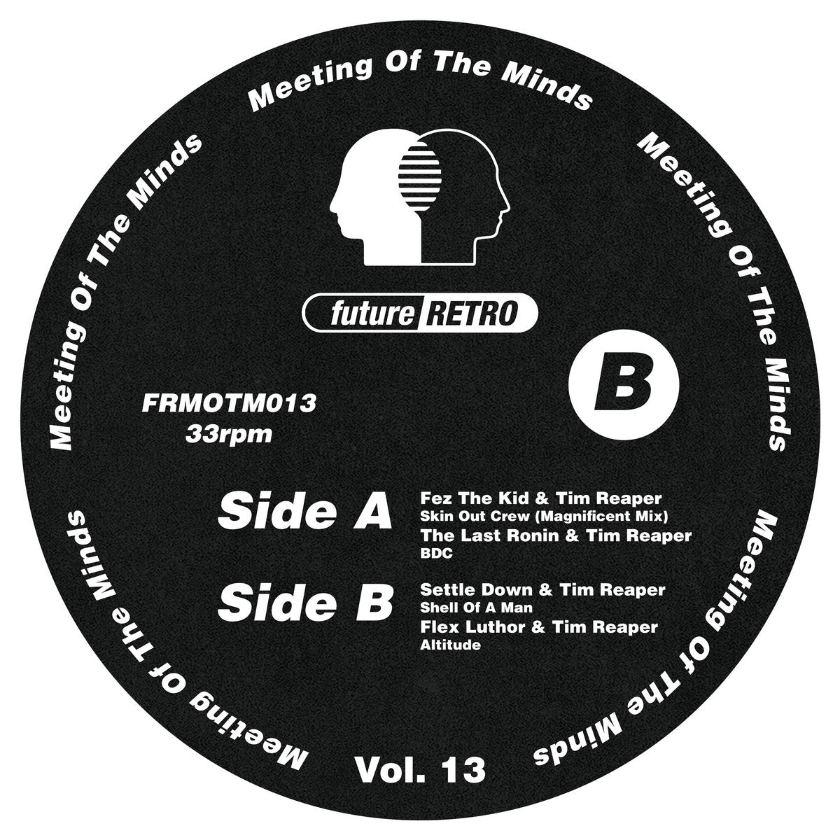 Vinyl record label for 'Meeting of the Minds' with text and logo