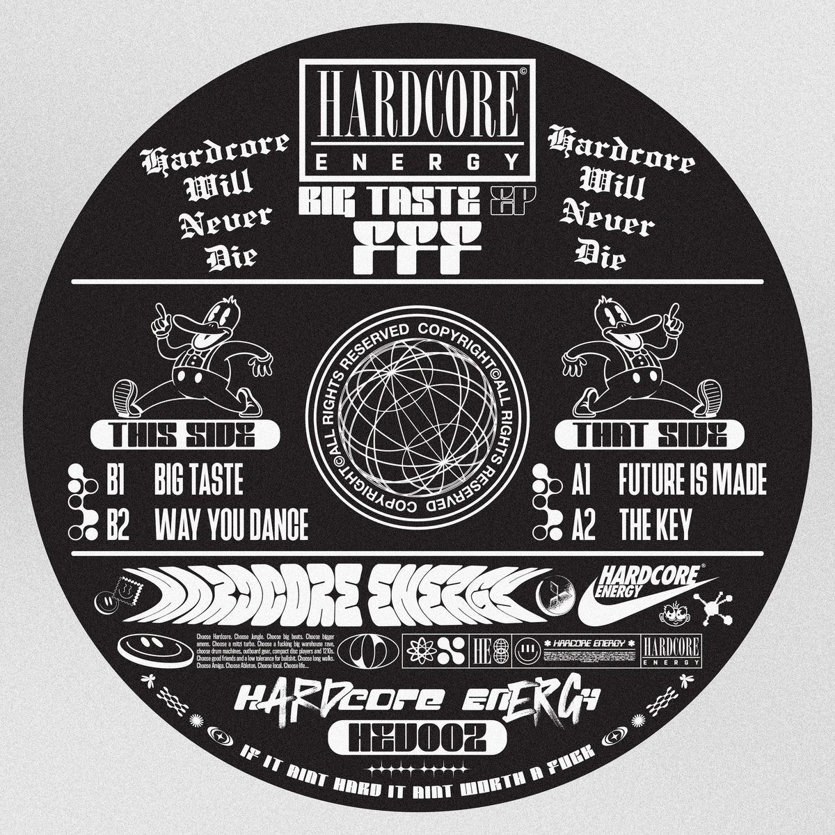 A circular black vinyl record cover design with white typography and graphics, featuring the text 'HARDCORE ENERGY' and track listing text, photographed against a light gray background.