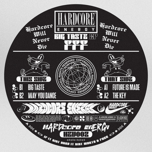 A circular black vinyl record cover design with white typography and graphics, featuring the text 'HARDCORE ENERGY' and track listing text, photographed against a light gray background.
