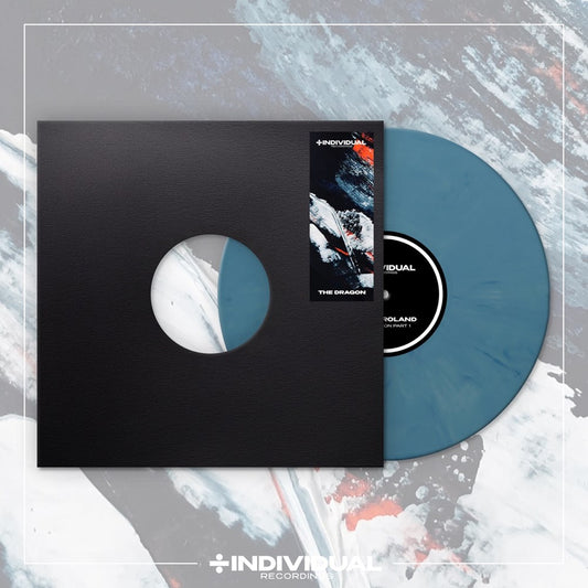 A vinyl record partially pulled from its black sleeve, showing a translucent blue-green record with a black center label. The sleeve has a circular cutout revealing the colored vinyl, and a small cover insert is visible.