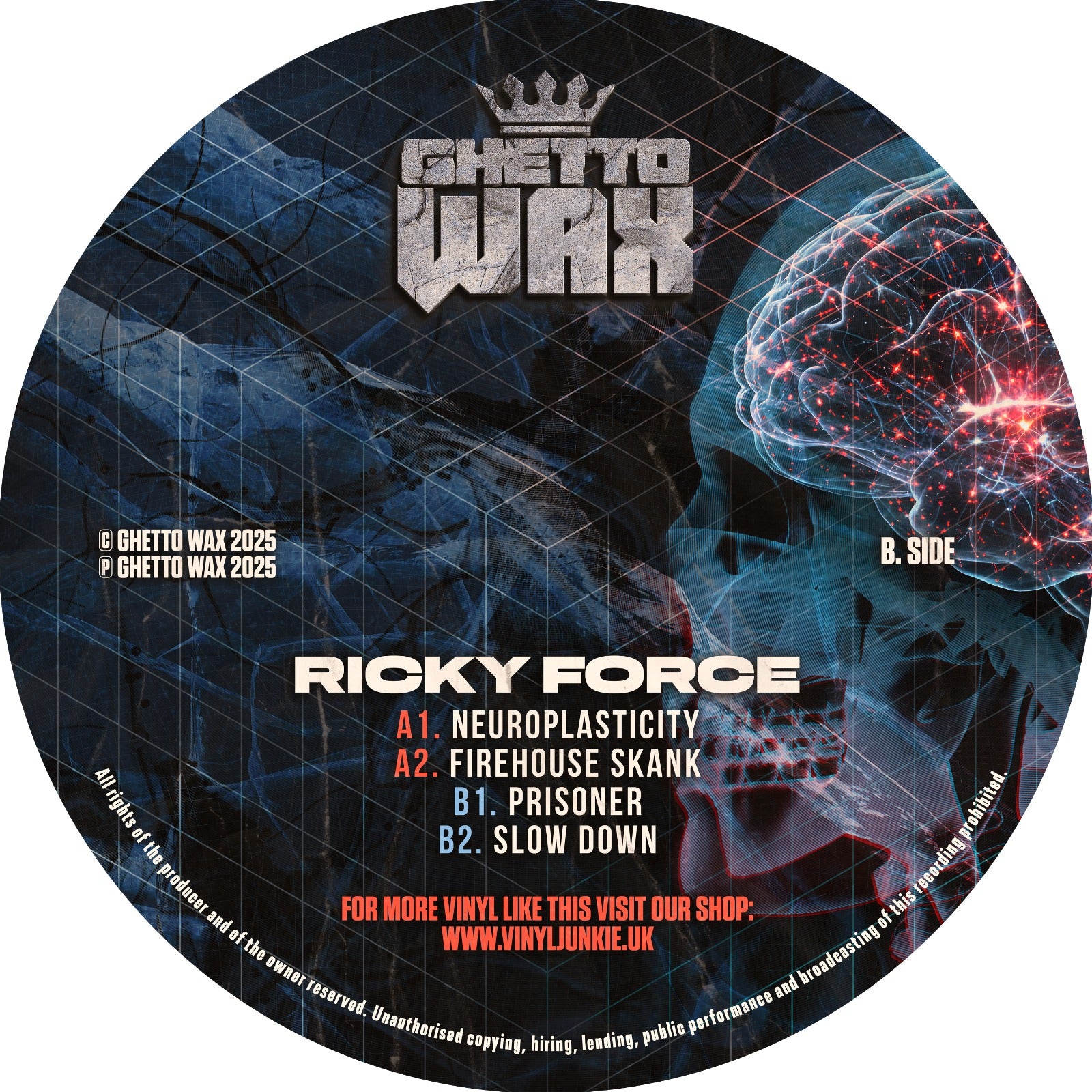 Vinyl record label with 'Ghetto Wax' branding and a skull design.
