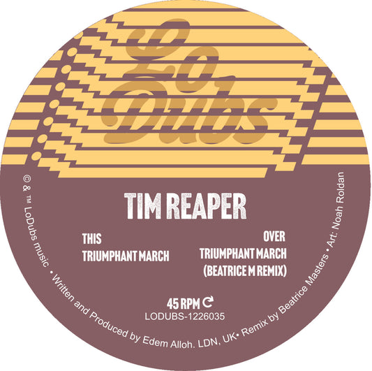 Round record label with 'Tim Reaper' and 'Lodubs' text on a brown and yellow background