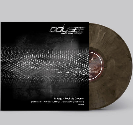 Vinyl record with a black and white patterned cover on a gray background
