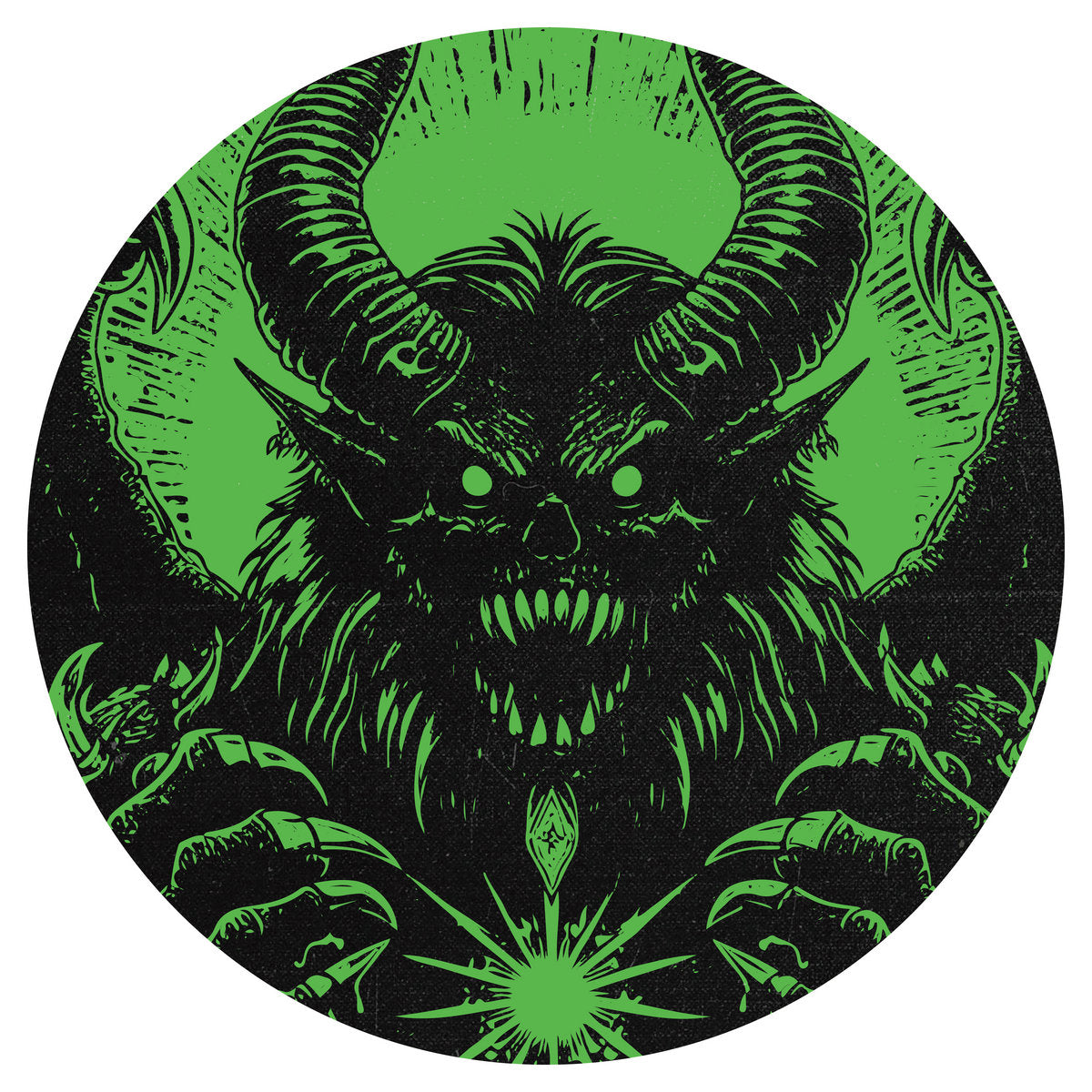 Circular design with a demon-like creature in black on a green background