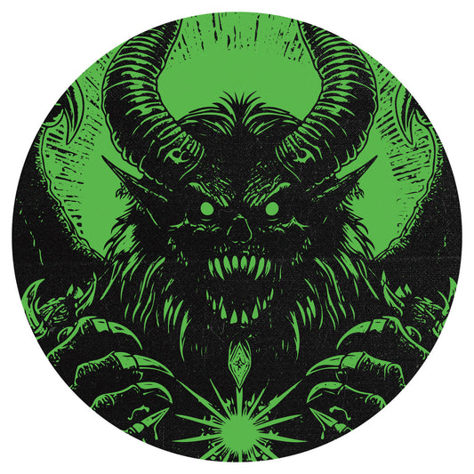 Circular design with a demon-like creature in black on a green background
