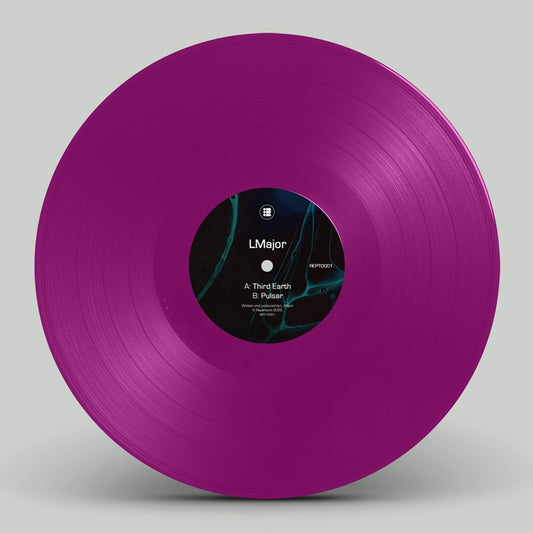 Purple vinyl record with a label on a gray background