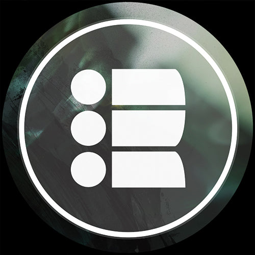 Circular logo with white icon on a dark background