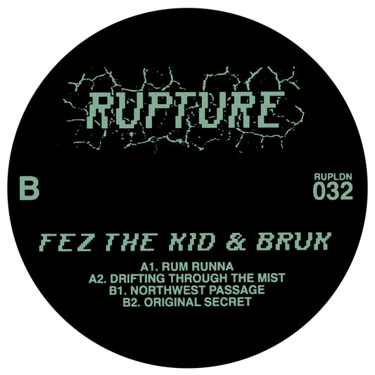 label art of Fez The Kid & BRUK - Rum Runna, 12" vinyl release on Rupture London