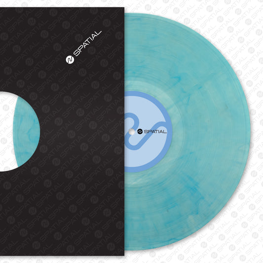 Vinyl record with black label and blue disc on a white background