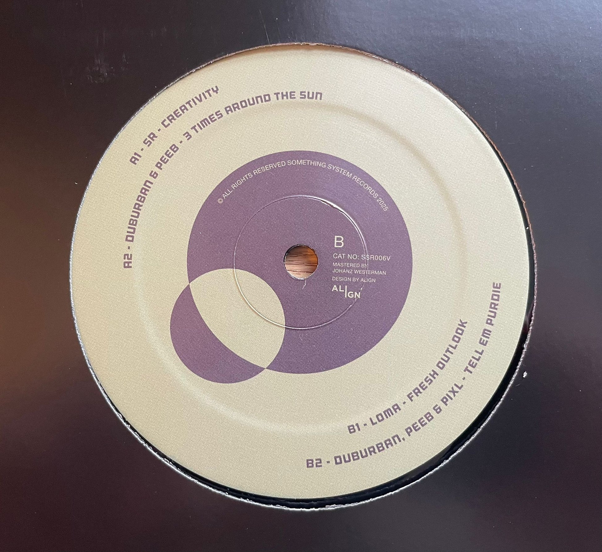 Vinyl record with a purple label on a dark surface