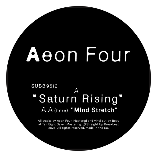 label art of Aeon Four - Saturn Rising - 12" vinyl release on Straight p Breakbeat