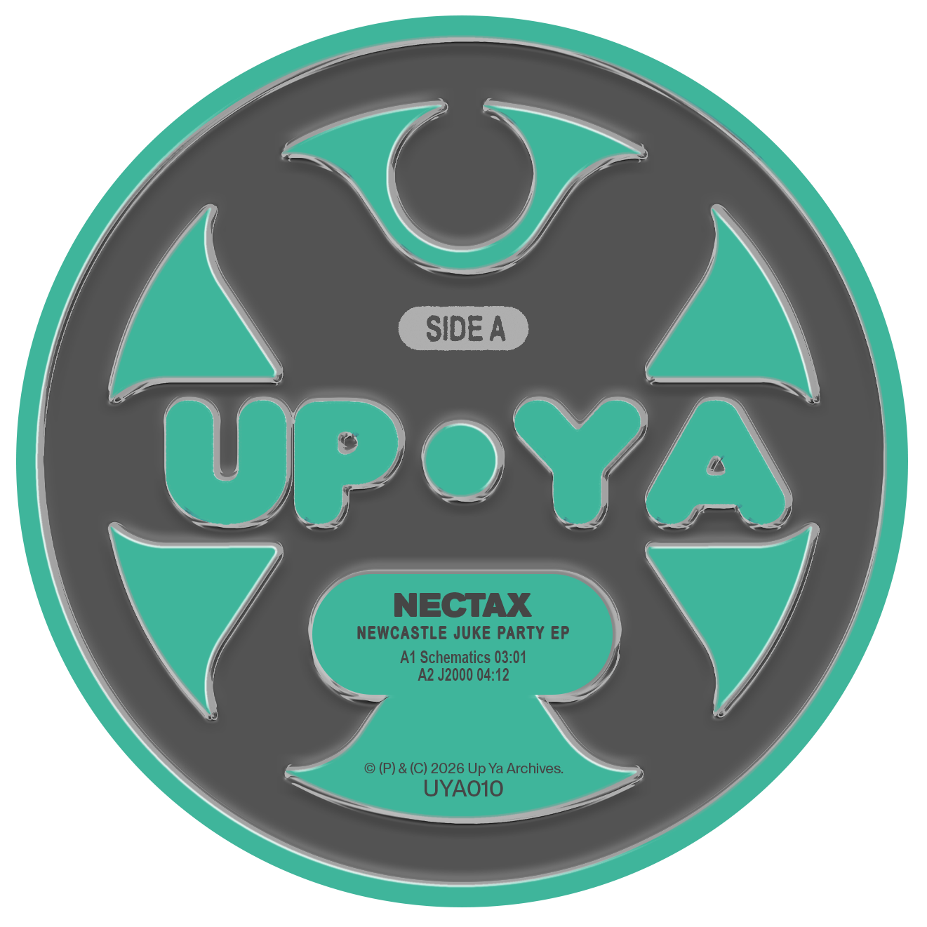 Vinyl record label with 'UP OYA' branding and text on a gray and teal background