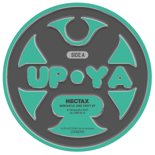 Vinyl record label with 'UP OYA' branding and text on a gray and teal background
