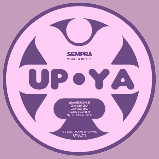 A circular vinyl record label design for 'UP • YA' by Sempra, featuring a light pink and purple color scheme with track listing details.